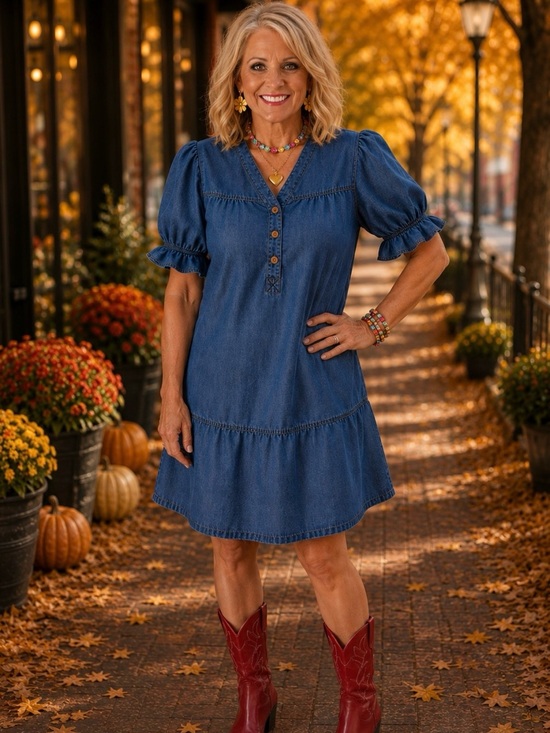 Dokotoo Dresses & Skirts - Dark Blur Denim Puff-Sleeve Mini Dress Size XL
